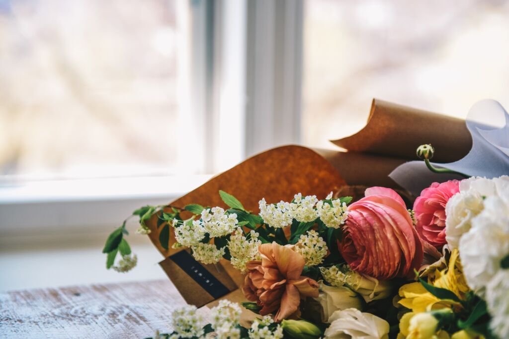 bouquet of flowers laid out at a funeral