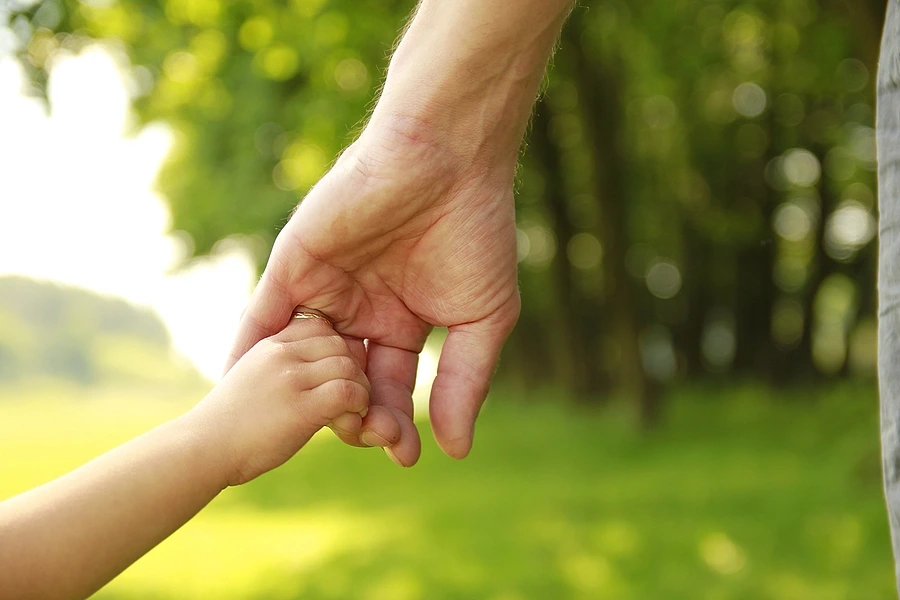 Adult holding child_s hand in green field